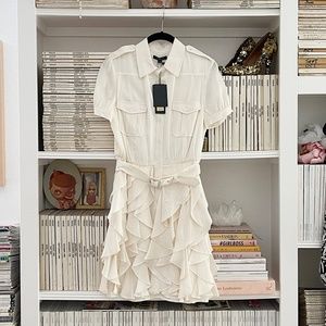 Ivory Silk RACHEL ZOE military shirt dress ruffled skirt belted waist NWT